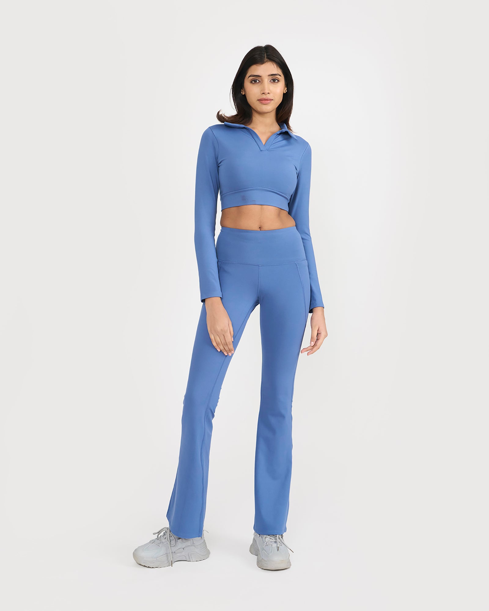 Zen Full Sleeve Polo Neck 2-in-1 Crop Top with Flare Pants Co-ord Set