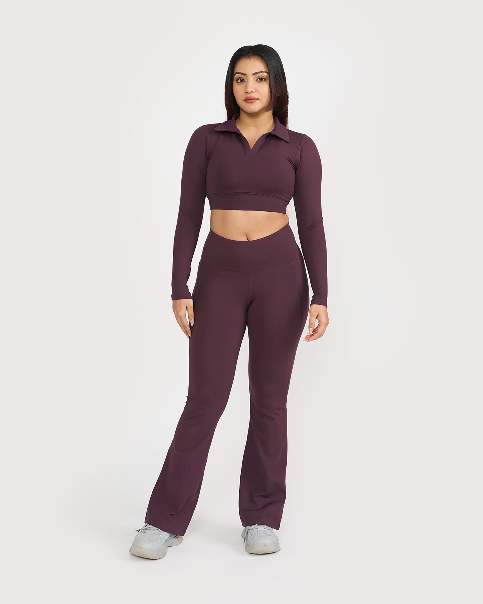 Zen Full Sleeve Polo Neck 2-in-1 Crop Top with Flare Pants Co-ord Set