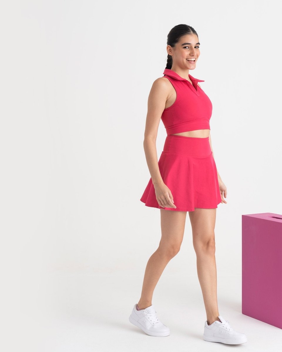 Zen Cheerful Skort and Polo-Neck 2-in-1 Crop Top Co-ord Set