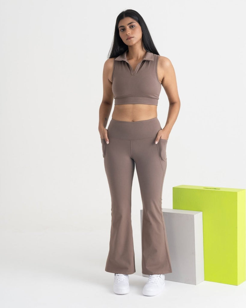 Hunnit  Zen Flare Pants and Polo-Neck 2-in-1 Crop Top Co-ord Set - Hunnit