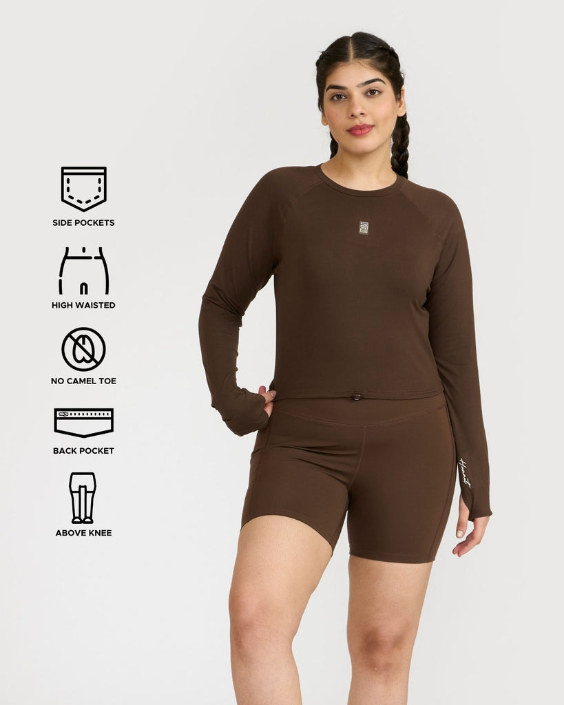 Hunnit Zen Cycling Shorts & Full Sleeve Crop top Co-ord set 