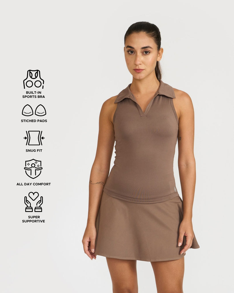 Hunnit Zen Polo Neck Top with Built-in sports bra & Zen Cheerful Skorts Co-Ord Set 