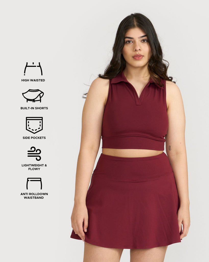 Hunnit Zen Polo Neck Top with In-built sports bra & Cheerful Skorts Co-Ord Set Zen Polo Neck Top with Built-in sports bra & Zen Cheerful Skorts Co-Ord Set