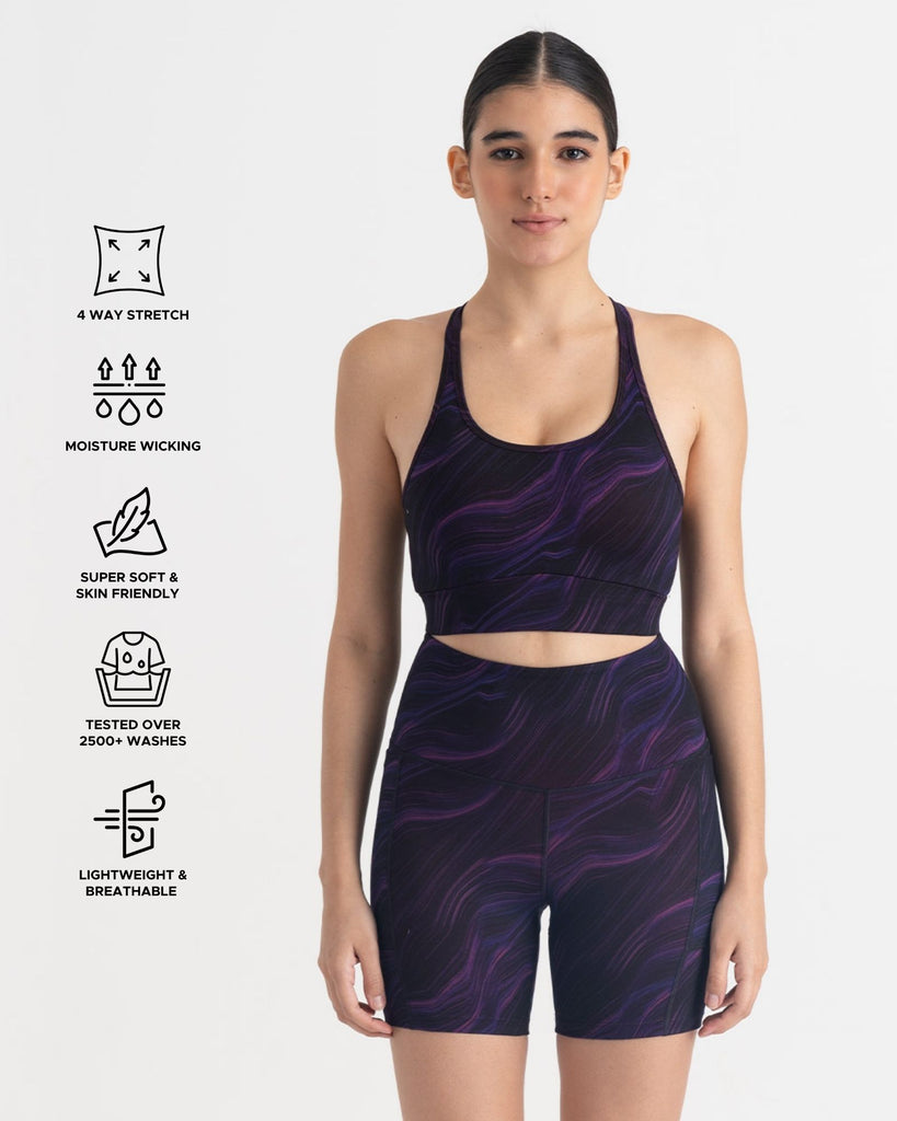 Hunnit Cosmic Waves Cycling Shorts and Sports Bra Co-ord Set Cosmic Waves Cycling Shorts and Sports Bra Co-ord Set