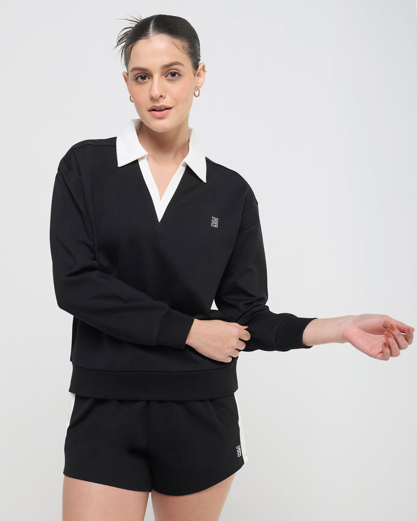 Hunnit Vintage Polo Neck Sweatshirt and Shorts Co-ord Set Vintage Polo Neck Sweatshirt and Shorts Co-ord Set