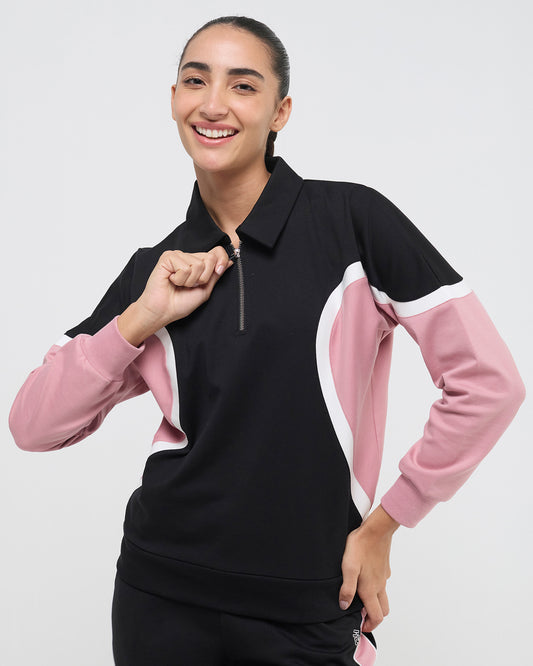 Wave Polo Neck Sweatshirt - 1/4th Zipper - Classic Black