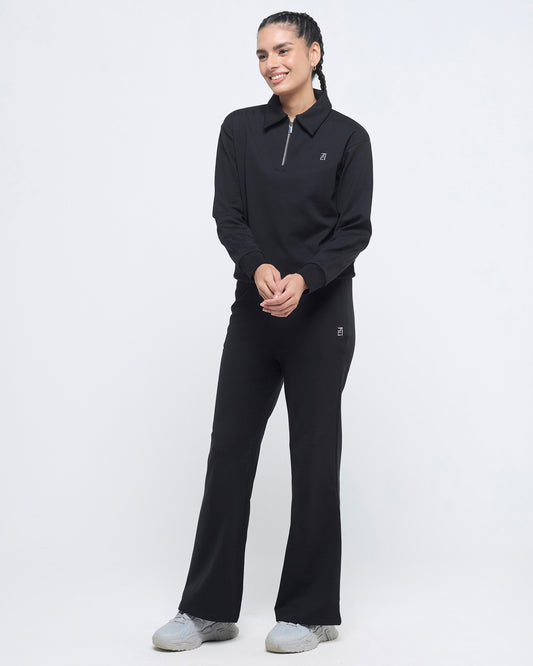 Essential Polo Neck 1/4th Zipper & Flare Pants Co-ord Set