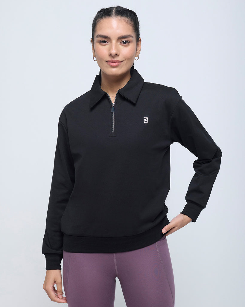 Hunnit Essential Polo Neck Sweatshirt - 1/4th Zipper Essential Polo Neck Sweatshirt - 1/4th Zipper