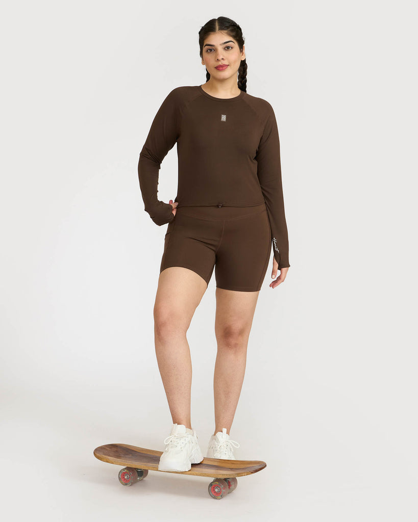 Hunnit Zen Cycling Shorts & Full Sleeve Crop top Co-ord set 