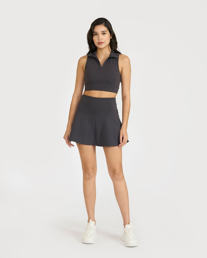 Hunnit Zen Polo Neck Top with Built-in sports bra & Zen Cheerful Skorts Co-Ord Set 