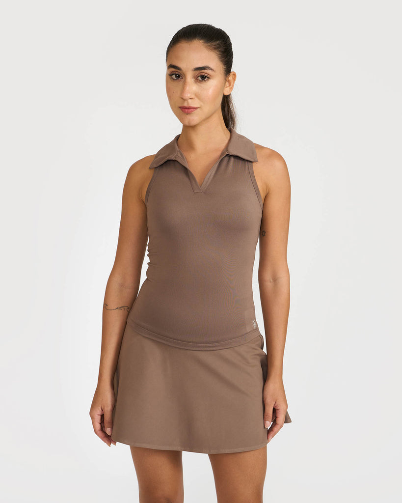 Hunnit Zen Polo Neck Top with Built-in sports bra & Zen Cheerful Skorts Co-Ord Set 