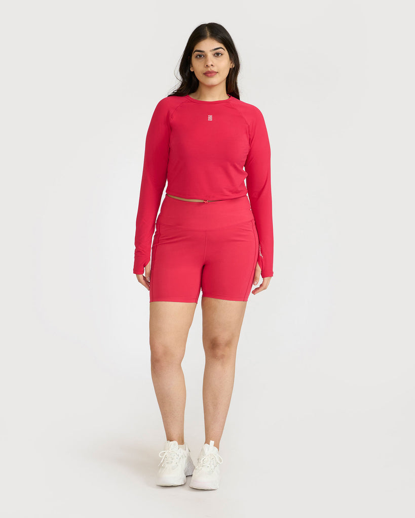 Hunnit Zen Cycling Shorts & Full Sleeve Crop top Co-ord set 