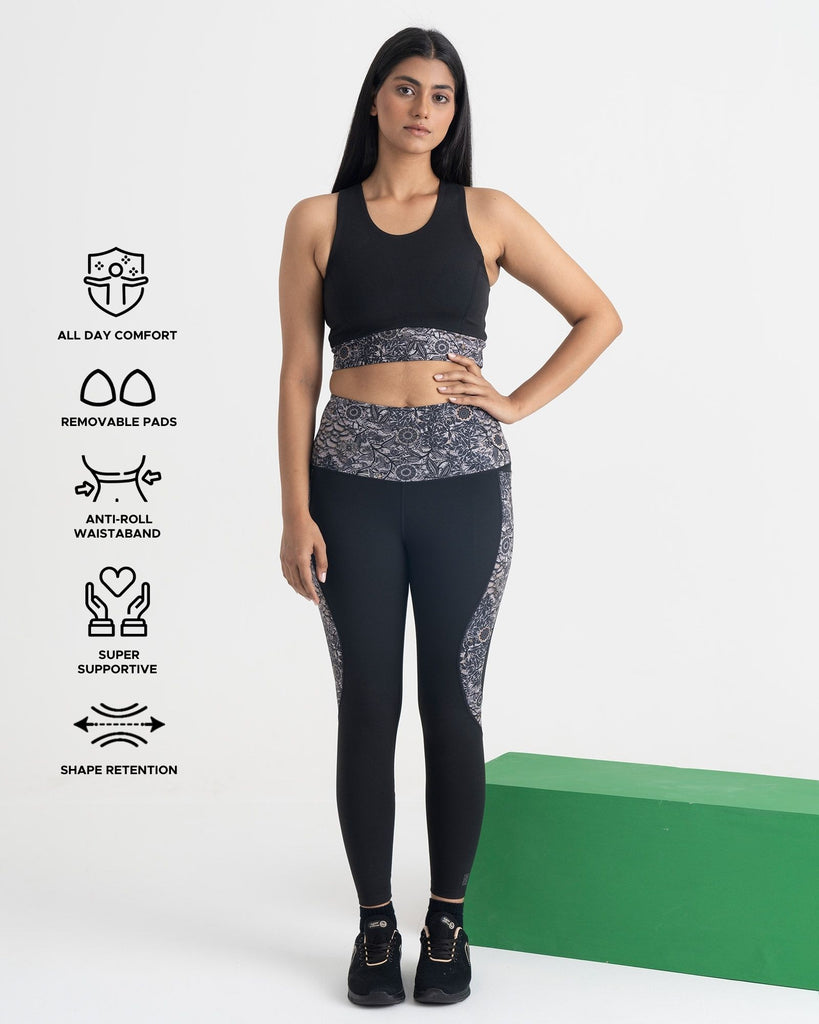 Hunnit Majestic Flora 7/8 Leggings and 2-in-1 Crop Top Co-ord Set Stretchable Leggings and Sports Crop Top Co-ord Set 