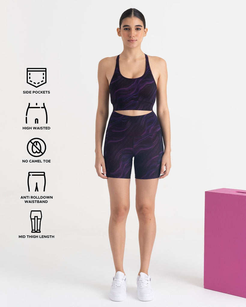 Hunnit Cosmic Waves Cycling Shorts and Sports Bra Co-ord Set Cycling Shorts and Sports Bra Co-ord Set 