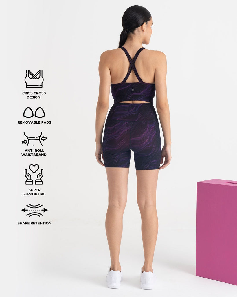 Hunnit Cosmic Waves Cycling Shorts and Sports Bra Co-ord Set Cycling Shorts and Sports Bra Co-ord Set 