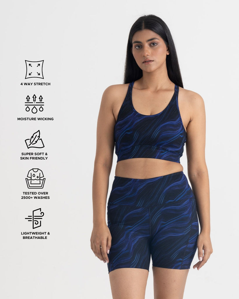 Hunnit Cosmic Waves Cycling Shorts and Sports Bra Co-ord Set Cycling Shorts and Sports Bra Co-ord Set 