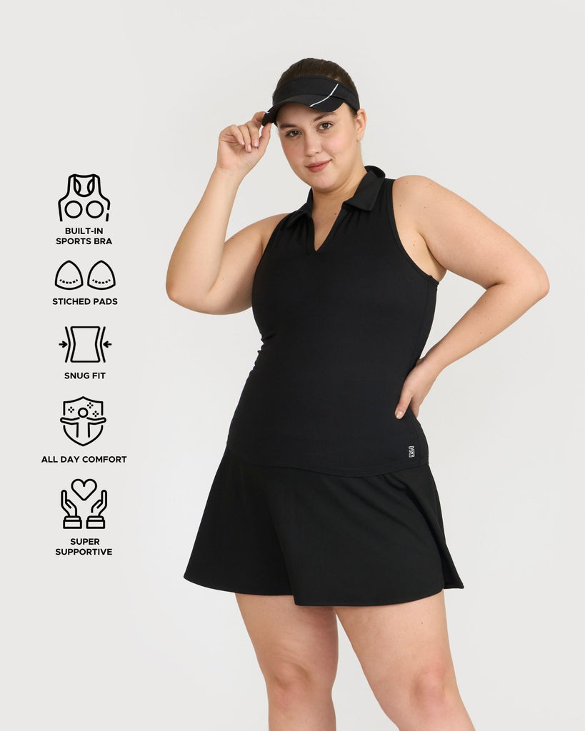 Hunnit Zen Polo Neck Top with Built-in sports bra & Zen Cheerful Skorts Co-Ord Set 