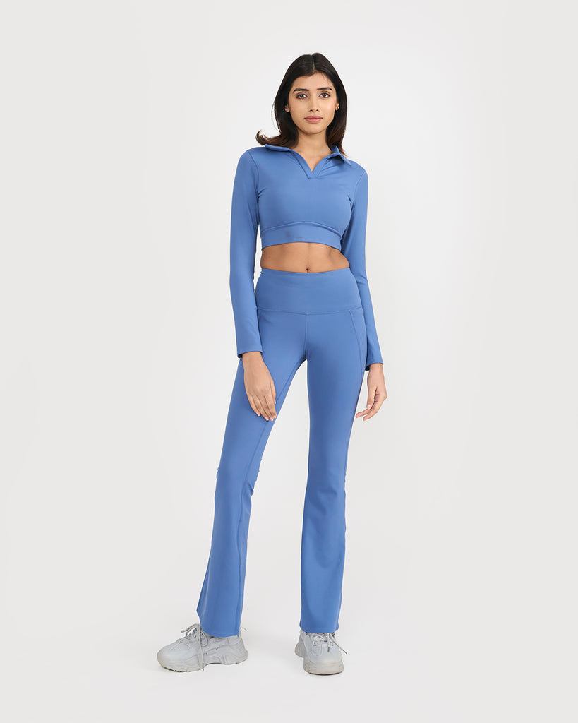 Hunnit Zen Full Sleeve Polo Neck 2-in-1 Crop Top with Flare Pants Co-ord Set 