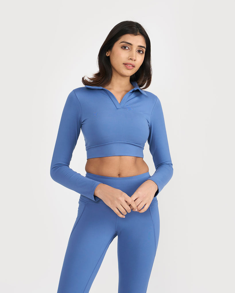 Hunnit Zen Full Sleeve Polo Neck 2-in-1 Crop Top with Flare Pants Co-ord Set 