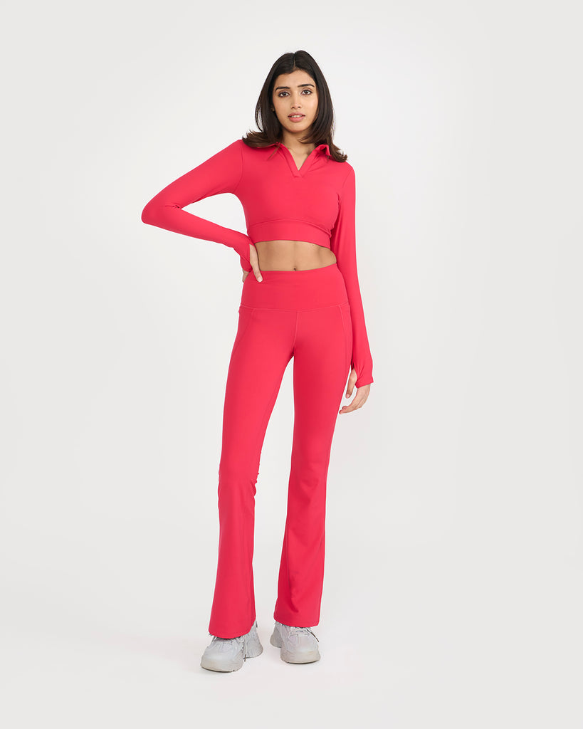 Hunnit Zen Full Sleeve Polo Neck 2-in-1 Crop Top with Flare Pants Co-ord Set 