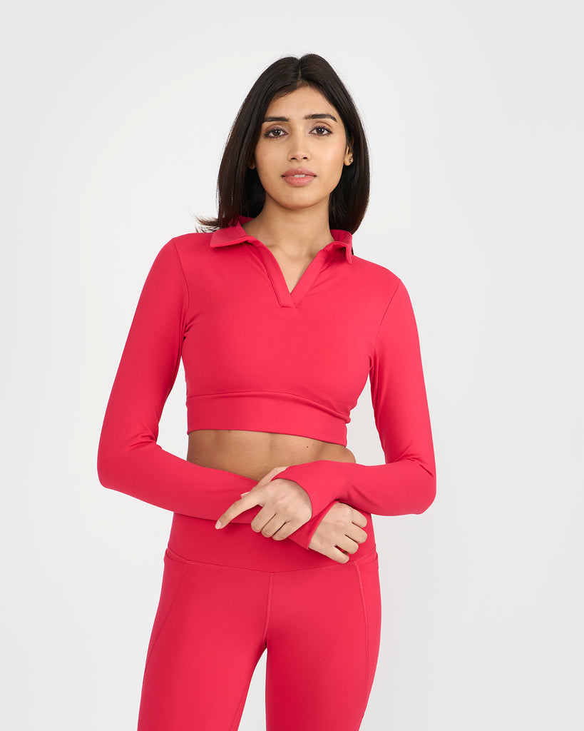 Hunnit Zen Full Sleeve Polo Neck 2-in-1 Crop Top with Flare Pants Co-ord Set Zen Full Sleeve Polo Neck 2-in-1 Crop Top with Flare Pants Co-ord Set