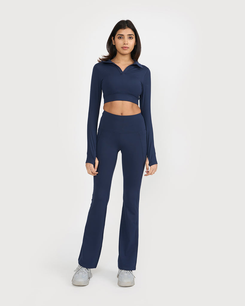 Hunnit Zen Full Sleeve Polo Neck 2-in-1 Crop Top with Flare Pants Co-ord Set 