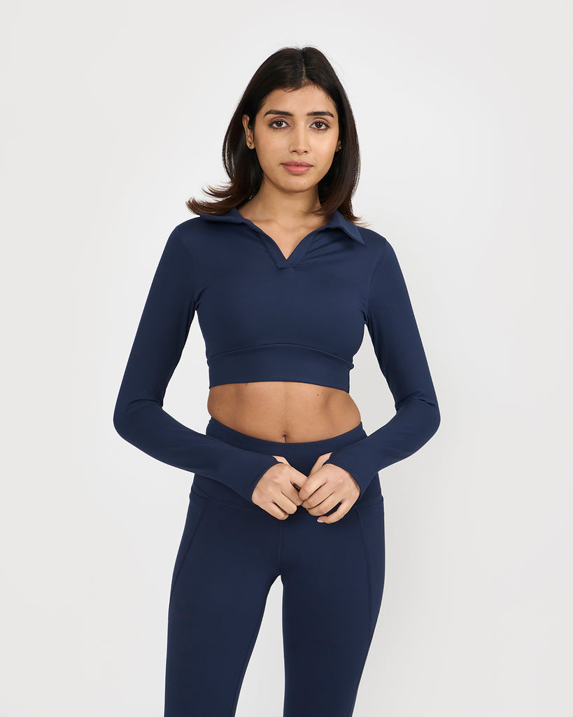 Hunnit Zen Full Sleeve Polo Neck 2-in-1 Crop Top with Flare Pants Co-ord Set 