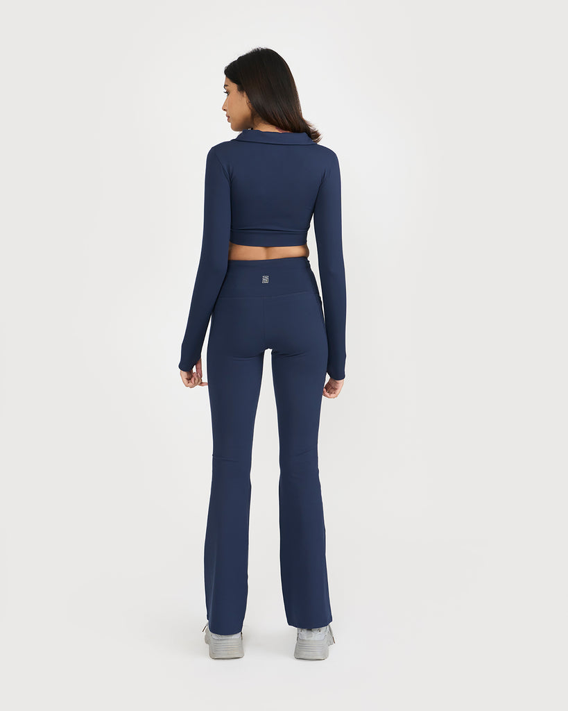 Hunnit Zen Full Sleeve Polo Neck 2-in-1 Crop Top with Flare Pants Co-ord Set 