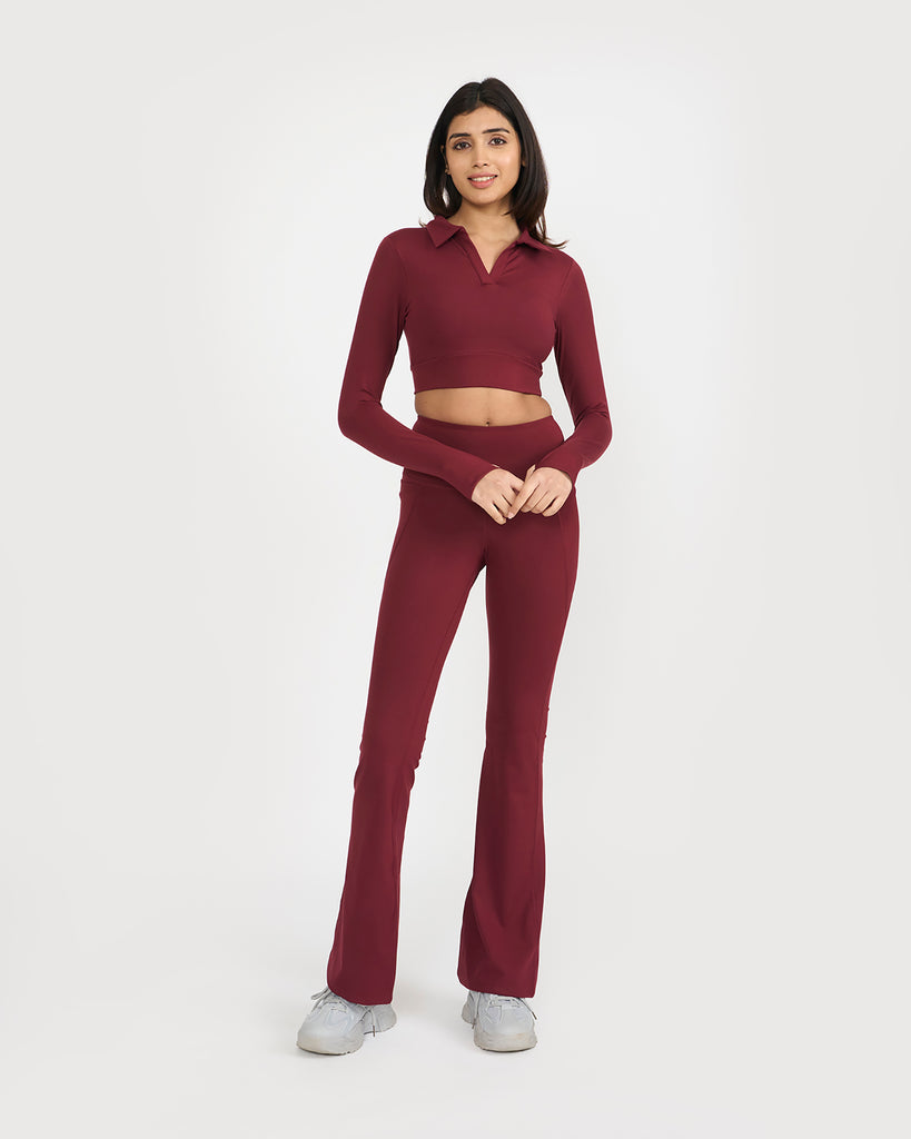 Hunnit Zen Full Sleeve Polo Neck 2-in-1 Crop Top with Flare Pants Co-ord Set Zen Full Sleeve Polo Neck 2-in-1 Crop Top with Flare Pants Co-ord Set