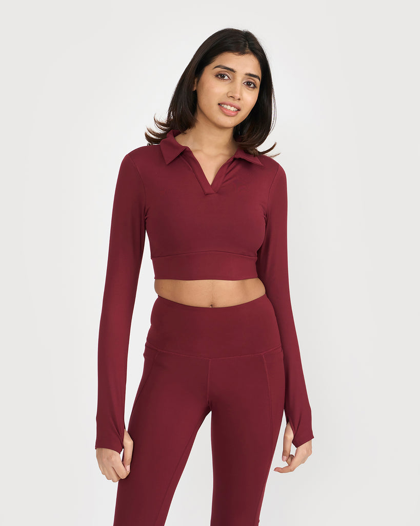 Hunnit Zen Full Sleeve Polo Neck 2-in-1 Crop Top with Flare Pants Co-ord Set Zen Full Sleeve Polo Neck 2-in-1 Crop Top with Flare Pants Co-ord Set