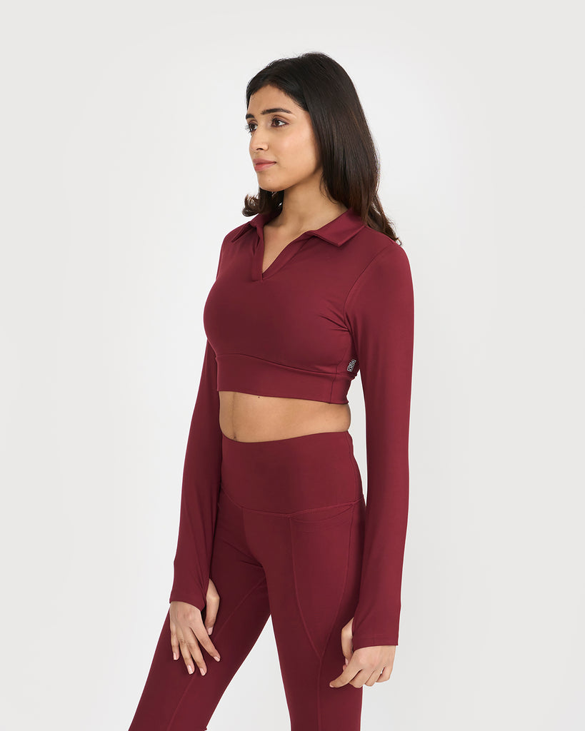 Hunnit Zen full sleeves polo neck 2-in-1 crop top 