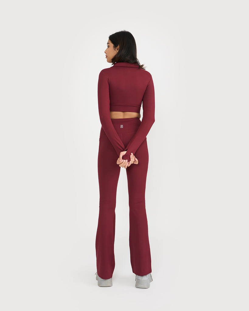 Hunnit Zen Full Sleeve Polo Neck 2-in-1 Crop Top with Flare Pants Co-ord Set 