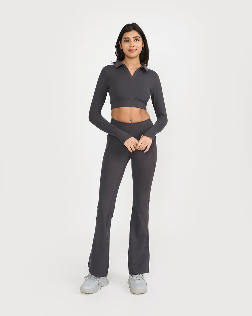 Hunnit Zen Full Sleeve Polo Neck 2-in-1 Crop Top with Flare Pants Co-ord Set 