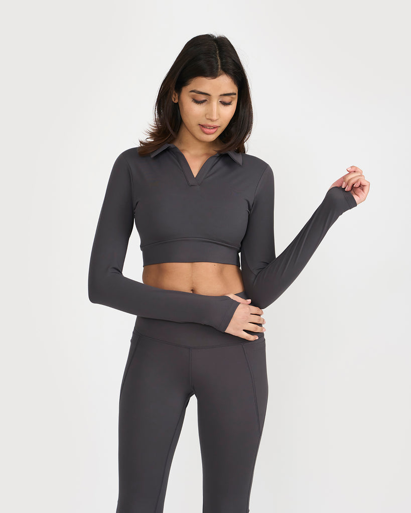 Hunnit Zen Full Sleeve Polo Neck 2-in-1 Crop Top with Flare Pants Co-ord Set 