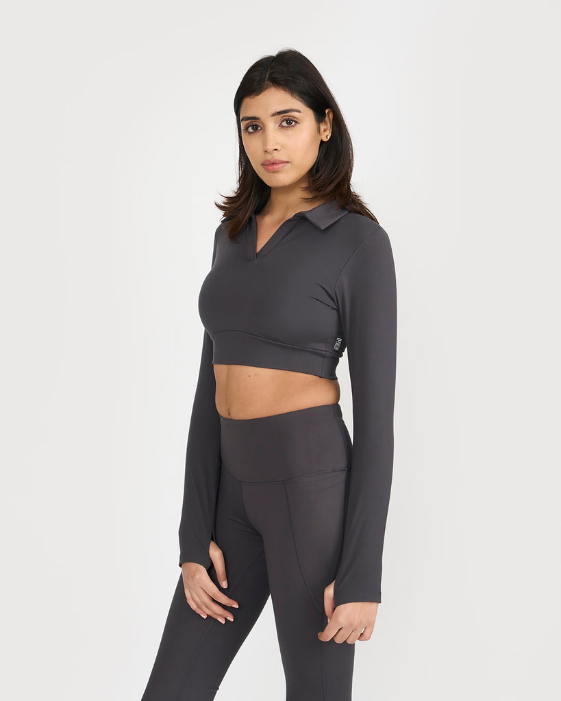 Hunnit Zen full sleeves polo neck 2-in-1 crop top Zen full sleeves polo neck 2-in-1 crop top