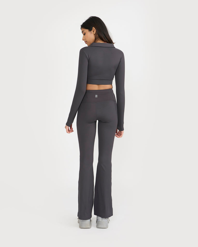 Hunnit Zen Full Sleeve Polo Neck 2-in-1 Crop Top with Flare Pants Co-ord Set 