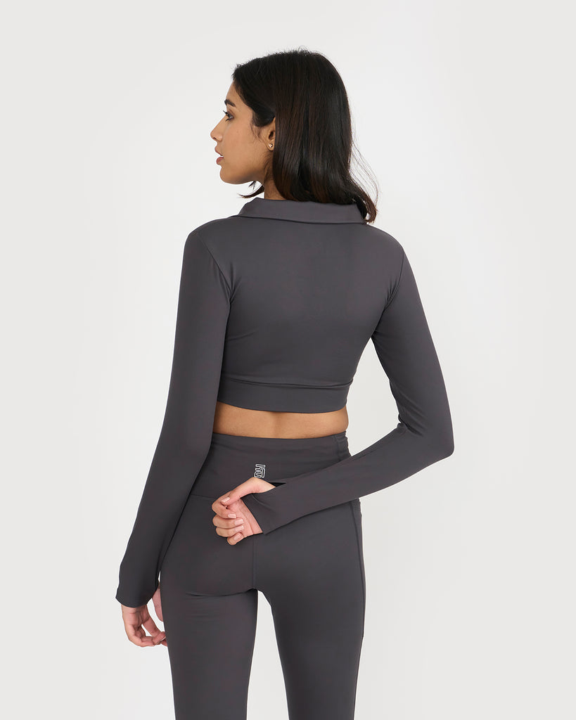 Hunnit Zen Full Sleeve Polo Neck 2-in-1 Crop Top with Flare Pants Co-ord Set Zen Full Sleeve Polo Neck 2-in-1 Crop Top with Flare Pants Co-ord Set