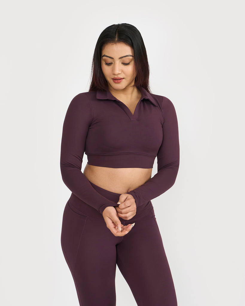 Hunnit Zen Full Sleeve Polo Neck 2-in-1 Crop Top with Flare Pants Co-ord Set Zen Full Sleeve Polo Neck 2-in-1 Crop Top with Flare Pants Co-ord Set