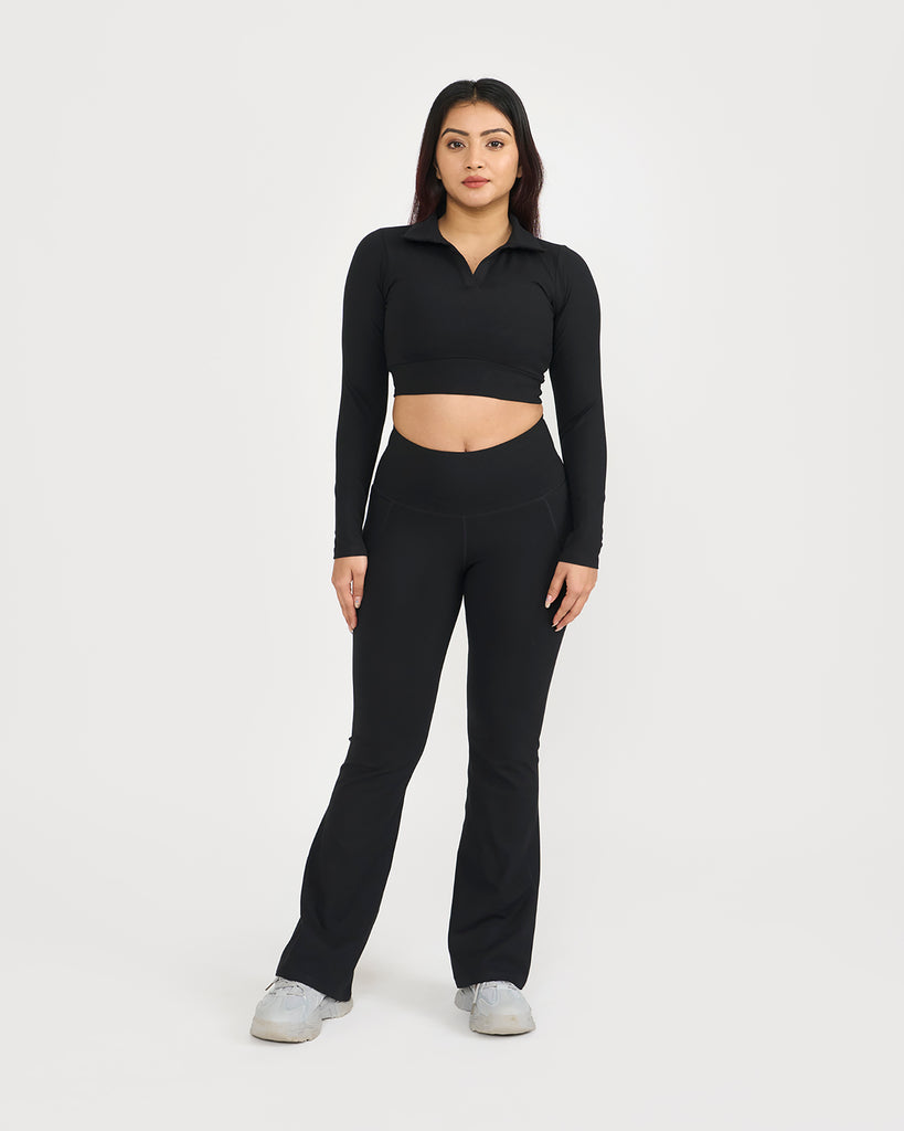 Hunnit Zen Full Sleeve Polo Neck 2-in-1 Crop Top with Flare Pants Co-ord Set Zen Full Sleeve Polo Neck 2-in-1 Crop Top with Flare Pants Co-ord Set