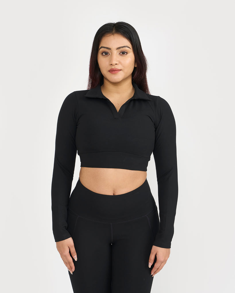 Hunnit Zen Full Sleeve Polo Neck 2-in-1 Crop Top with Flare Pants Co-ord Set Zen Full Sleeve Polo Neck 2-in-1 Crop Top with Flare Pants Co-ord Set