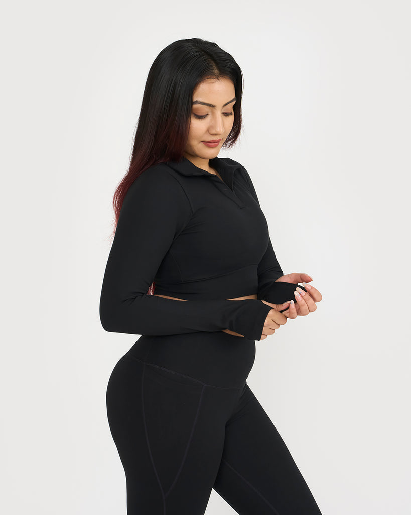 Hunnit Zen full sleeves polo neck 2-in-1 crop top Zen full sleeves polo neck 2-in-1 crop top