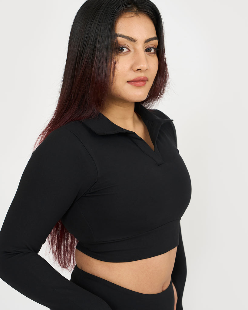 Hunnit Zen full sleeves polo neck 2-in-1 crop top Zen full sleeves polo neck 2-in-1 crop top