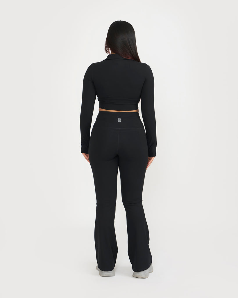 Hunnit Zen Full Sleeve Polo Neck 2-in-1 Crop Top with Flare Pants Co-ord Set 