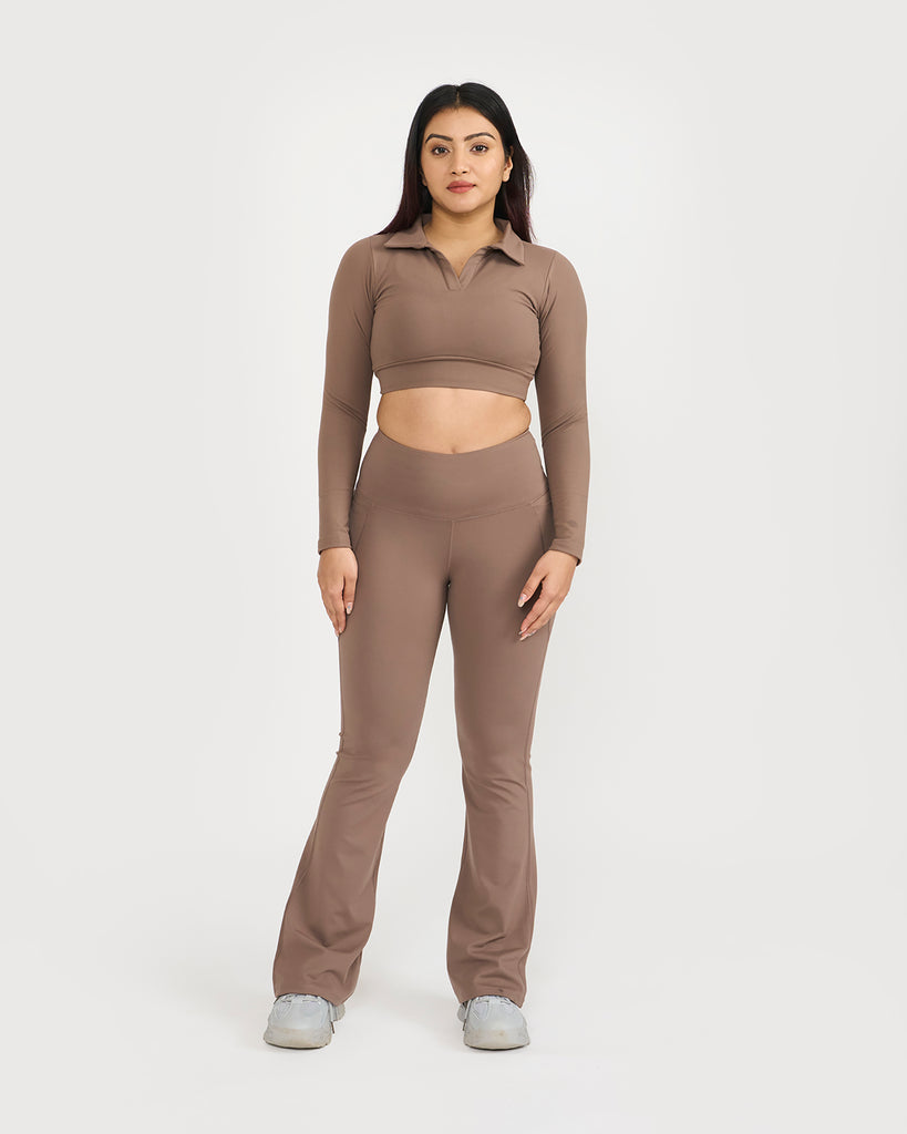 Hunnit Zen Full Sleeve Polo Neck 2-in-1 Crop Top with Flare Pants Co-ord Set Zen Full Sleeve Polo Neck 2-in-1 Crop Top with Flare Pants Co-ord Set