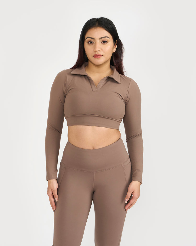 Hunnit Zen Full Sleeve Polo Neck 2-in-1 Crop Top with Flare Pants Co-ord Set Zen Full Sleeve Polo Neck 2-in-1 Crop Top with Flare Pants Co-ord Set