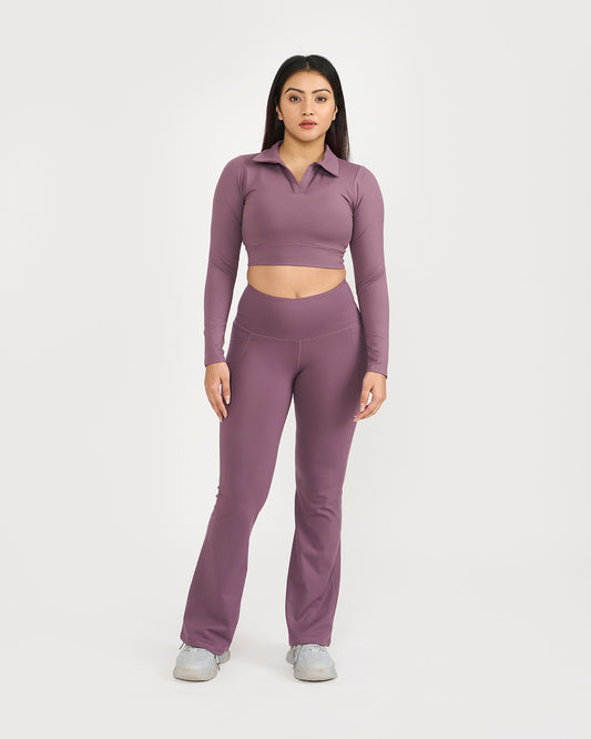 Zen Full Sleeve Polo Neck 2-in-1 Crop Top with Flare Pants Co-ord Set