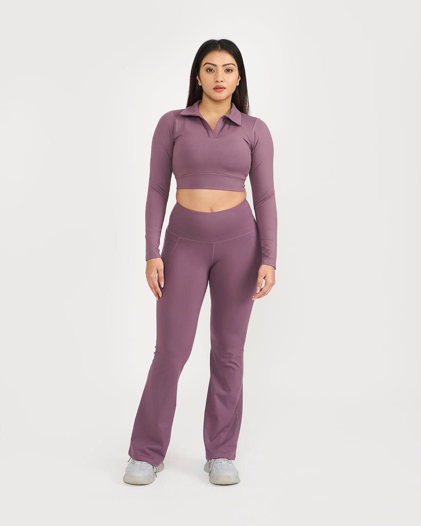 Hunnit Zen Full Sleeve Polo Neck 2-in-1 Crop Top with Flare Pants Co-ord Set Zen Full Sleeve Polo Neck 2-in-1 Crop Top with Flare Pants Co-ord Set