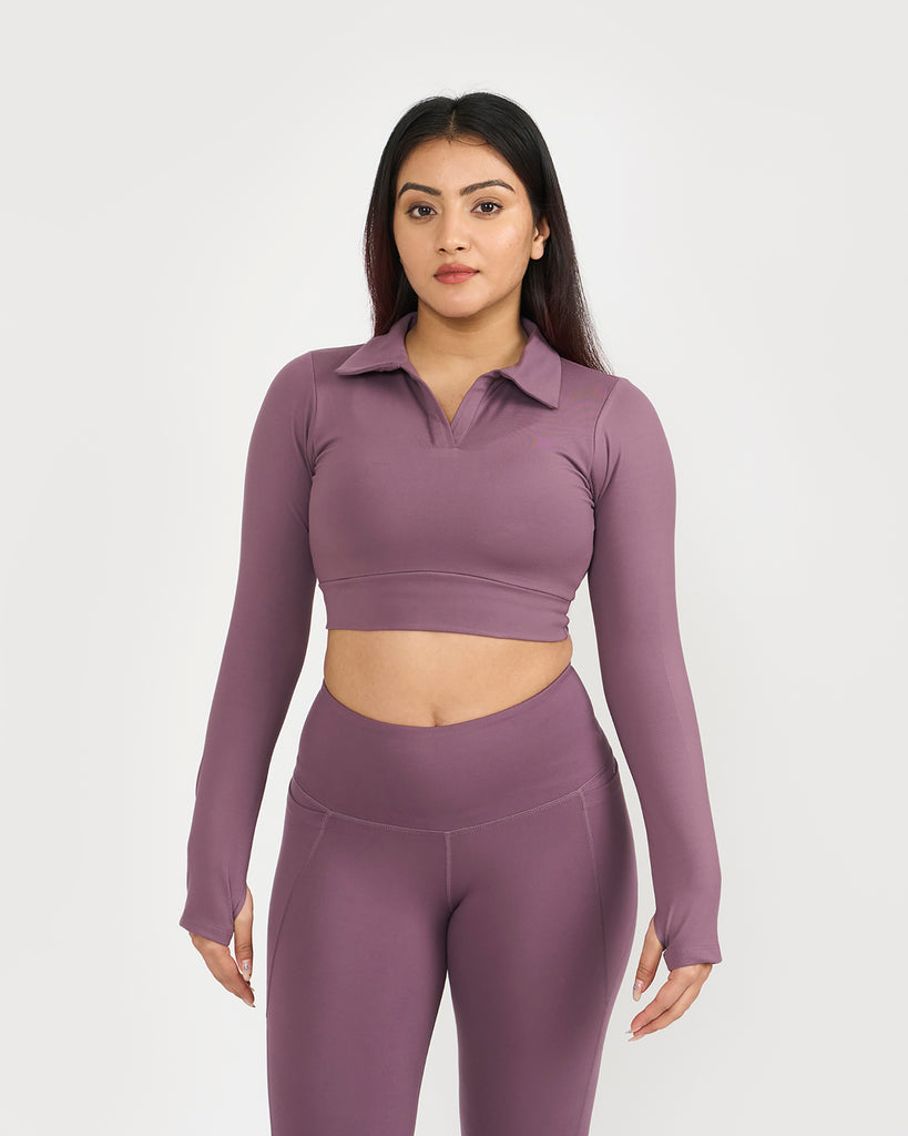 Hunnit Zen Full Sleeve Polo Neck 2-in-1 Crop Top with Flare Pants Co-ord Set 