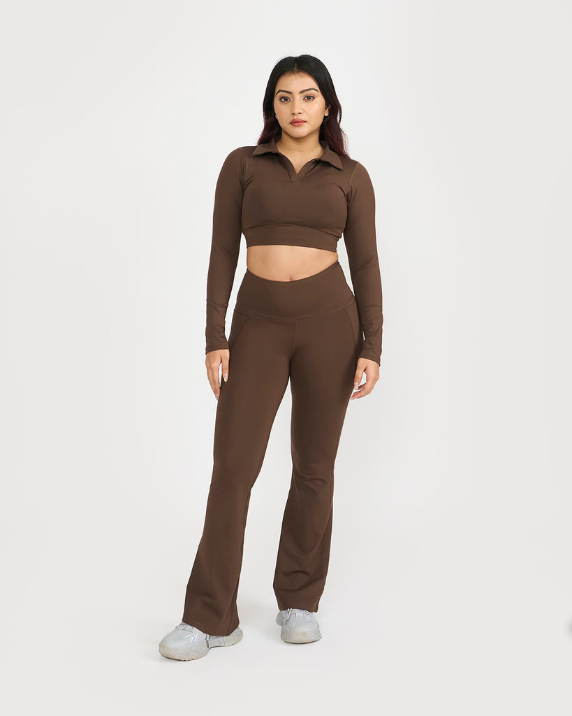 Hunnit  Zen Full Sleeve Polo Neck 2-in-1 Crop Top with Flare Pants Co-ord Set