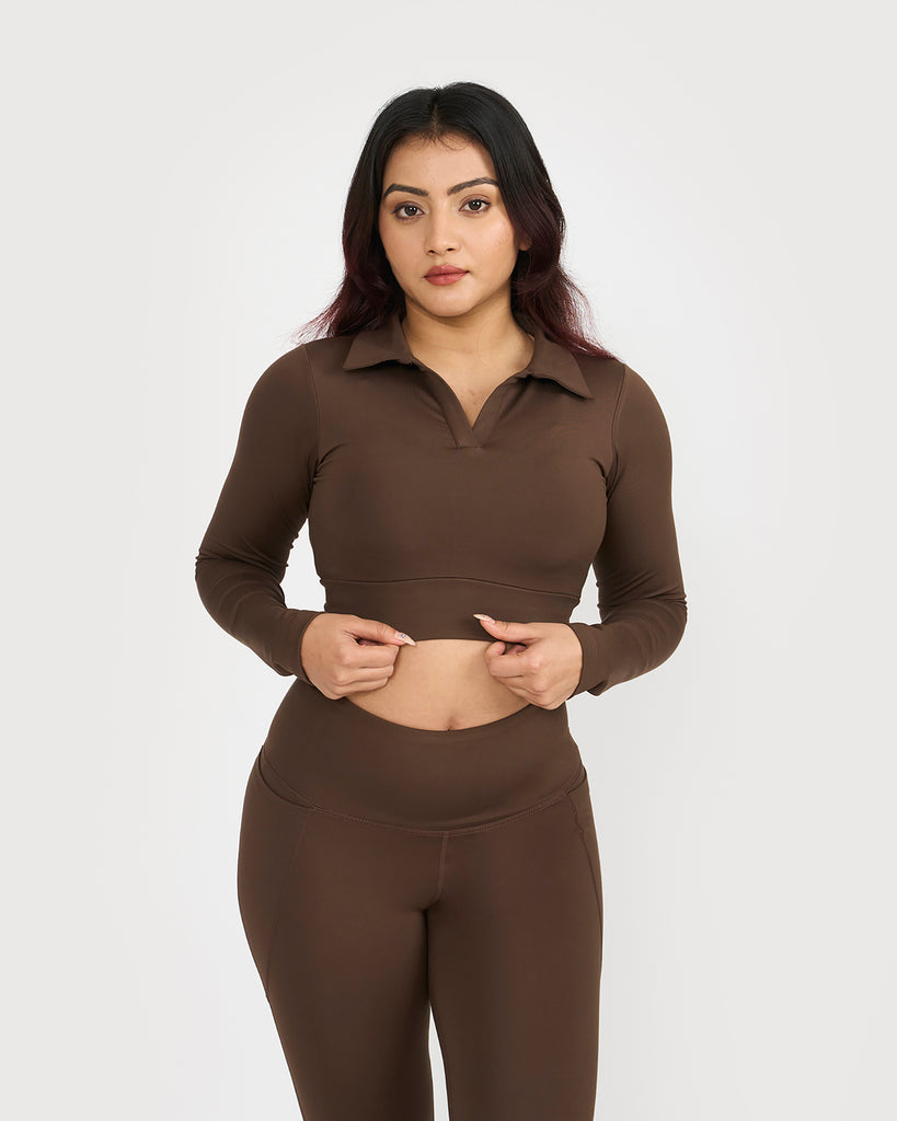 Hunnit Zen Full Sleeve Polo Neck 2-in-1 Crop Top with Flare Pants Co-ord Set Zen Full Sleeve Polo Neck 2-in-1 Crop Top with Flare Pants Co-ord Set